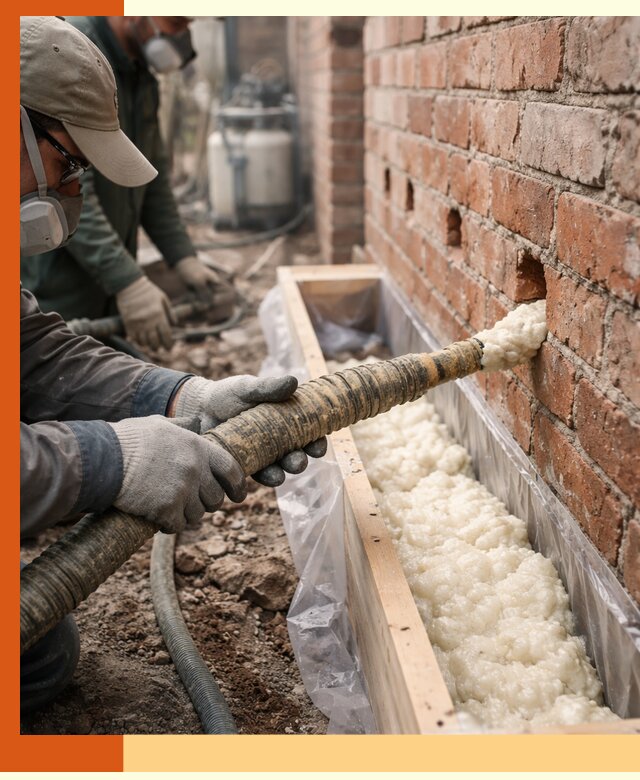 Заливка ППУ в пустоты кирпичной стены в Туймазах