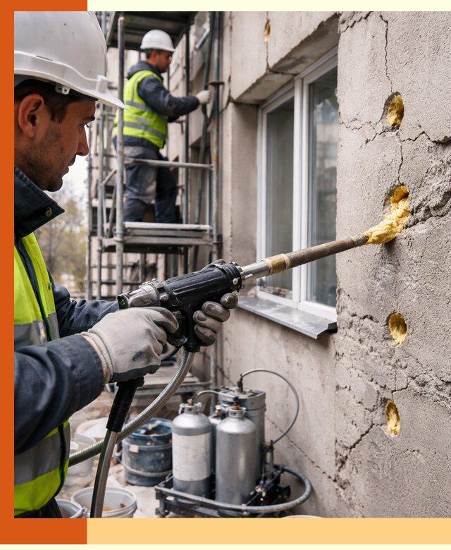 Заполнение пустот в фасаде и утепление стен в Туймазах